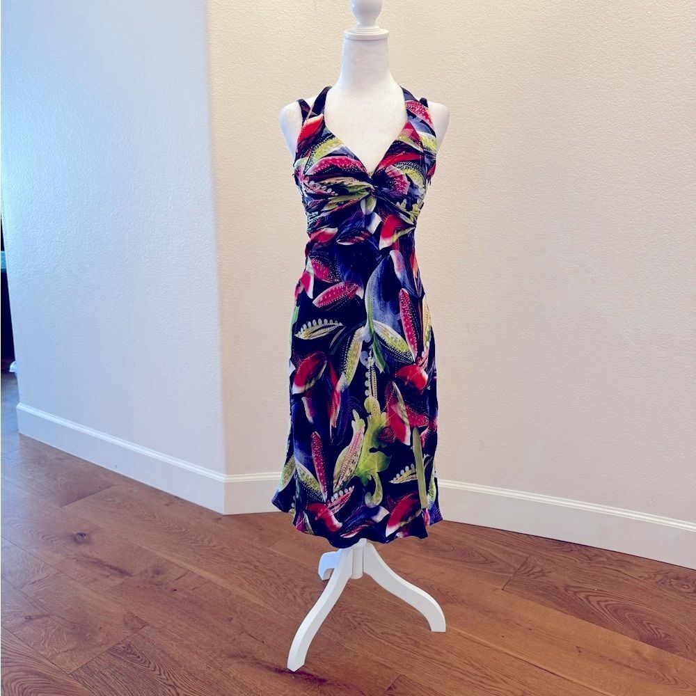 Vintage Cache 100% Silk Tropical Floral Twist Front Midi Halter Dress - Size 4